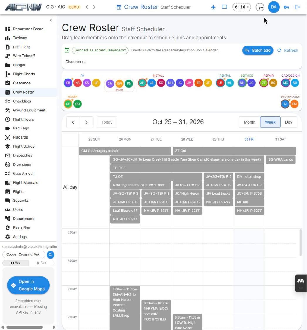 Crew Roster scheduler: technicians dragged onto a week calendar, synced to the job calendar